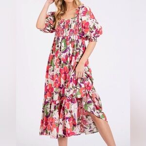 Pink Flower Print Puff Sleeve Ruffle Smocked Midi Dress Small